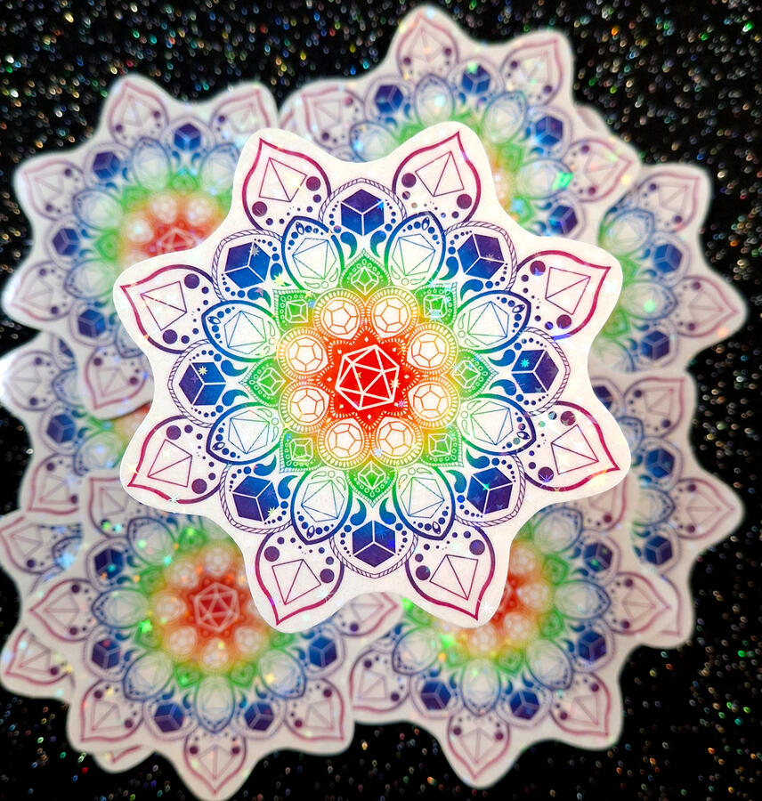 "Rainbow Dice Mandala" - digital drawing, available as holo vinyl stickers (shown).