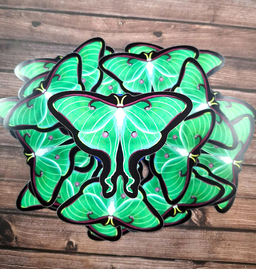 "Luna Moth" - digital drawing, available as vinyl stickers (shown) and buttons